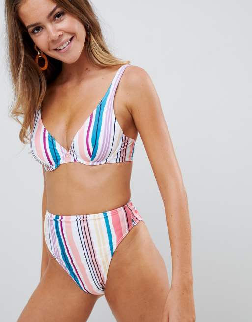 ASOS DESIGN – Mix and Match – Wysoko wycięty dół od bikini o podwyższonym stanie we wzór w pastelowe paski