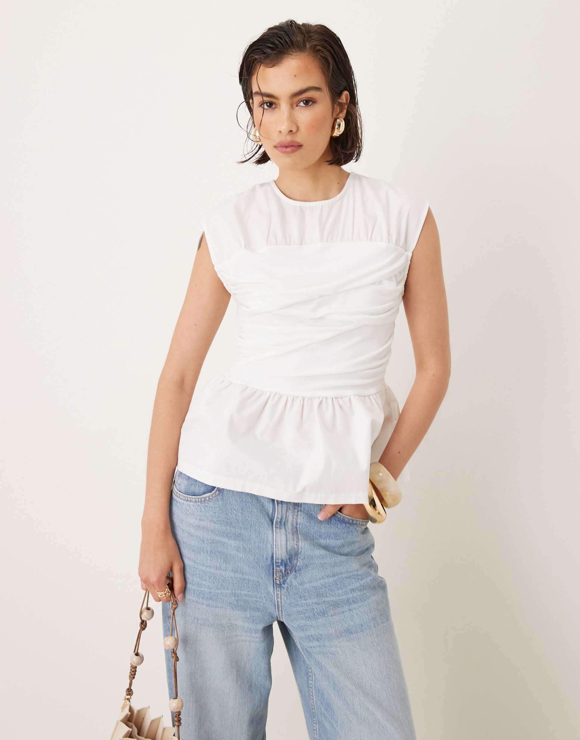 asos design mix bandage top with ruching detail in ivory