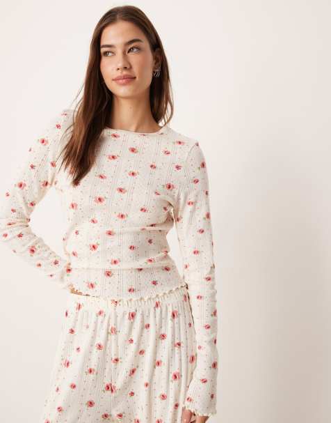 ASOS DESIGN - Mix en match - Ajourgebreide pyjamatop met lange mouwen en fijne print - view 1