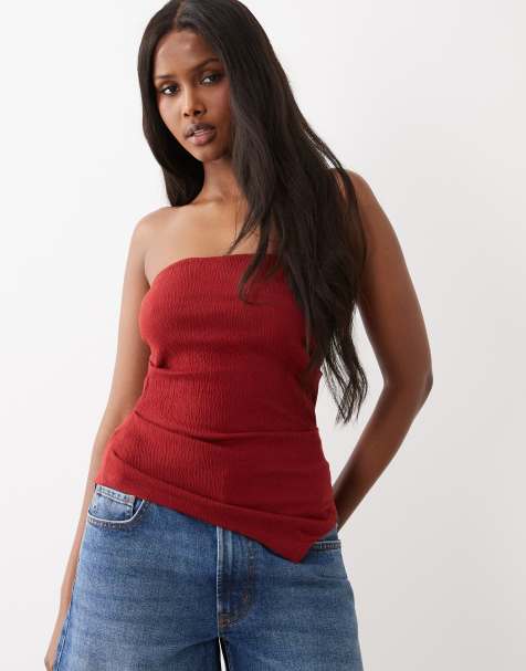 ASOS DESIGN - Mix en match - Asymmetrische bandeau-top van gekreukt katoen in rood - view 1