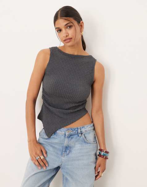 ASOS DESIGN - Mix en match - Asymmetrische tanktop met textuur en ruches aan de taille in antracietgrijs - view 1