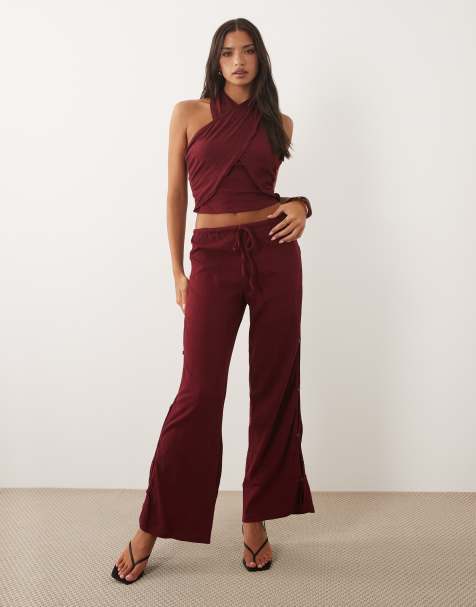 ASOS DESIGN - Mix en match - Broek van gekreukt katoen met wijde pijpen in bessenrood - view 1