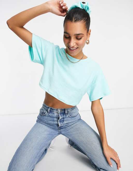 ASOS DESIGN - Mix & match - Cropped loungeset van T-shirt en joggingbroek van badstof in blauw, 2 van 3