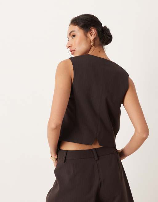 ASOS DESIGN - Mix en match - Elegant gilet met krijtstreep in chocoladebruin, 3 van 4