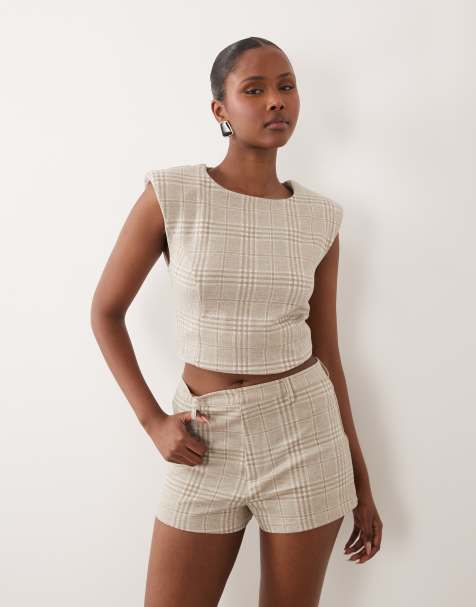 ASOS DESIGN - Mix en match - Geborstelde geruite mini short met visgraatmotief in crème - view 1