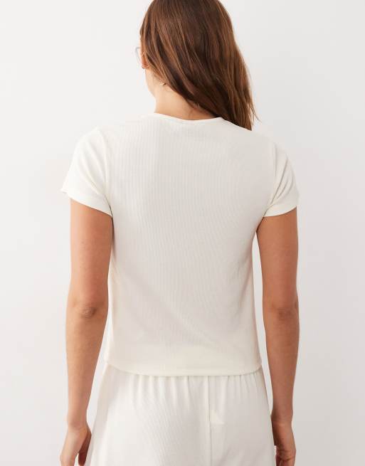 ASOS DESIGN - Mix en match - Geribbeld pyjama baby T-shirt in ivoorwit, 3 van 4