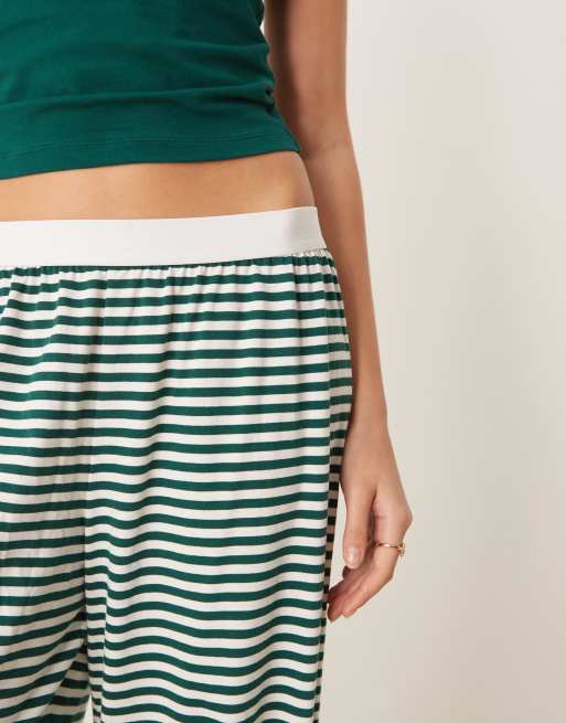 ASOS DESIGN - Mix en match - Gestreepte pyjamabroek met zichtbare tailleband en picotrand in groen, 4 van 4