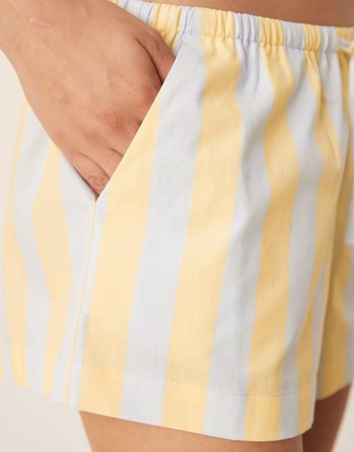 ASOS DESIGN - Mix en match - Geweven gestreepte pyjamashort in blauw en lichtgeel, 3 van 4