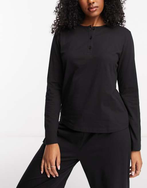 ASOS DESIGN - Mix en match - Henley pyjamatop met lange mouwen van katoen in zwart