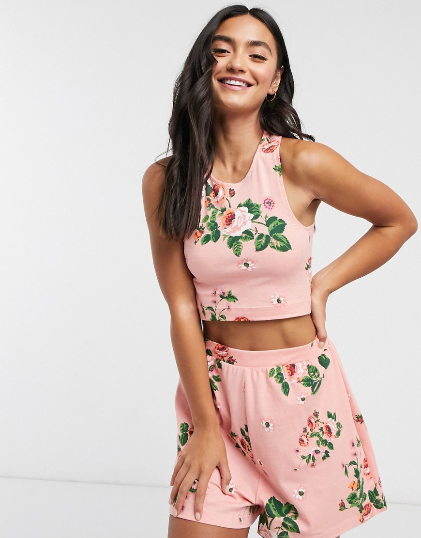 ASOS DESIGN - Mix en match - Jersey pyjamatop met bloemenprint en gekruisde bandjes-Roze