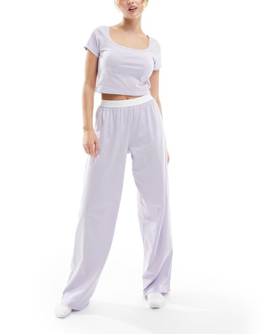 ASOS DESIGN - Mix en match - Katoenen pyjamabroek met zichtbare tailleband en picotrandje in lila