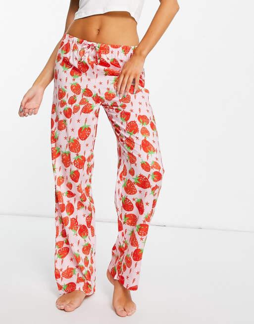 ASOS DESIGN - Mix en match - Pyjamabroek van modal met bliksemschicht- en aardbeiprint in roze