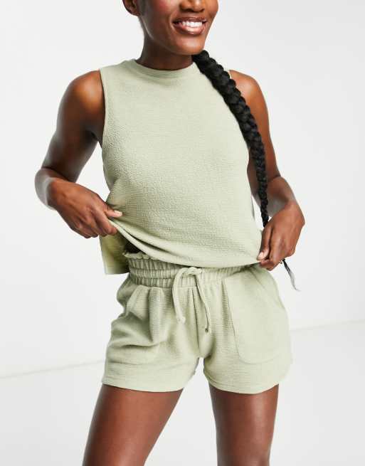 ASOS DESIGN - Mix en match - Pyjamashort van gekreukte jersey in saliegroen