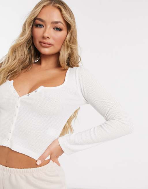 ASOS DESIGN - Mix en match - Pyjamatop met lange mouwen en wafeldessin in gebroken wit