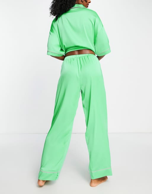 ASOS DESIGN - Mix en match - Satijnen pyjamabroek met contrasterende biezen in groen, 2 van 4