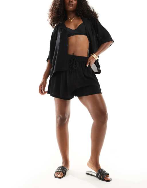 ASOS DESIGN - Mix en match - Strandshort van kreukelstof in zwart 