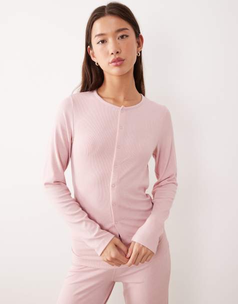 ASOS DESIGN - Mix en match - Zacht geribbeld pyjamavest met knoopsluiting in lichtroze - view 1