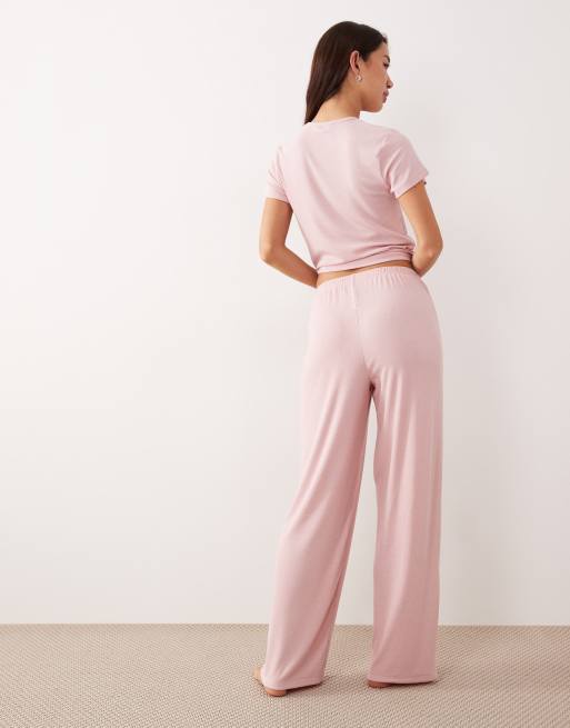 ASOS DESIGN - Mix en match - Zachte geribbelde pyjamabroek met wijde pijpen in lichtroze, 3 van 4