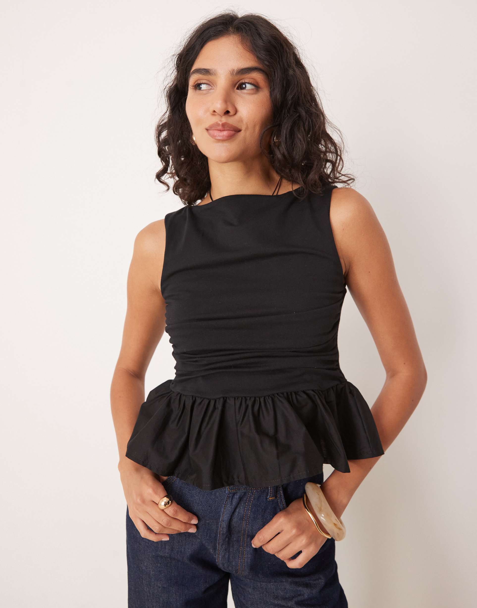 asos design mix fabric peplum hem top in black