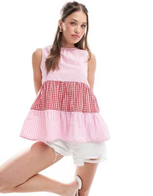 ASOS DESIGN mix gingham trapeze top in red and pink-Multi