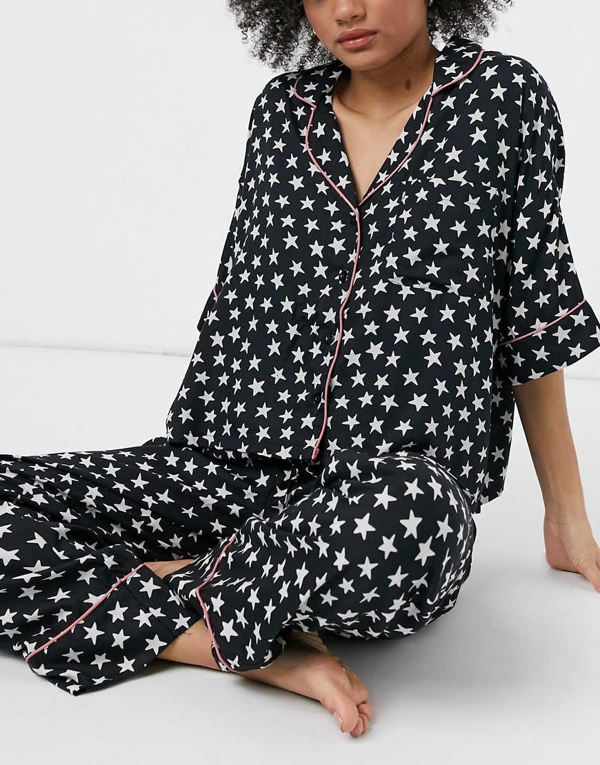 ASOS DESIGN mix & match 100% modal star pajama shirt in black & white