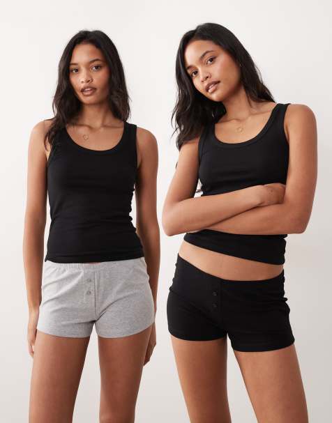 ASOS DESIGN – Mix & Match– 2er-Pack freche Pyjama-Boxershorts in Schwarz und Grau meliert - view 1
