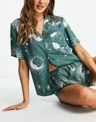 ASOS DESIGN mix & match astrology print 100% modal pyjama shirt in sage - ASOS Price Checker