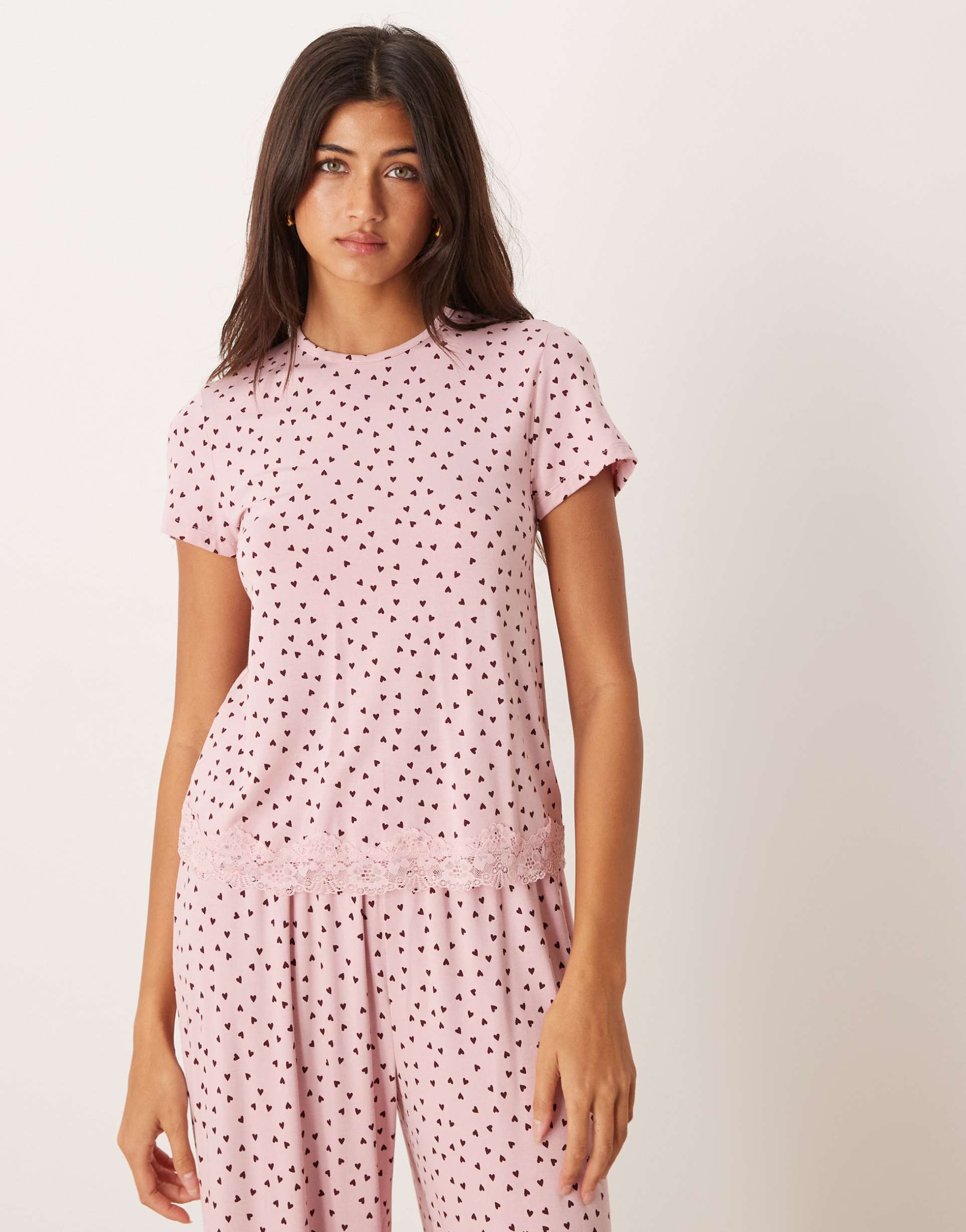 asos design mix & match baby tee with lace trim in pink heart print