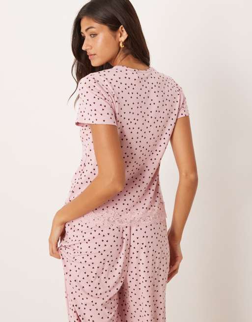 ASOS DESIGN mix & match baby tee with lace trim in pink heart print, 4 of 4
