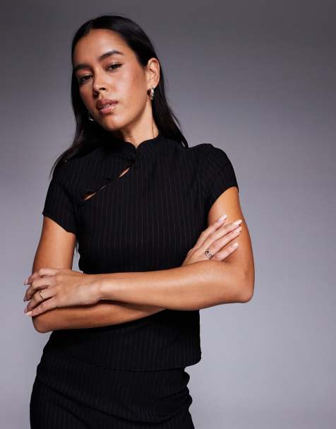 ASOS DESIGN mix & match bengaline high neck crop top with cut out in black pinstripe - view 1