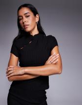 ASOS DESIGN sheer mesh one shoulder asymmetric slouchy cape top in black