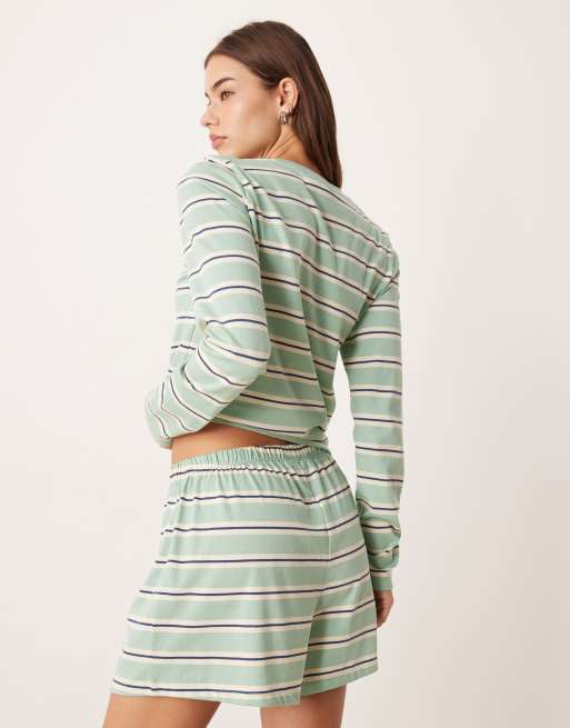 ASOS DESIGN mix & match boxer pyjama shorts in sage & blue stripe, 2 of 4