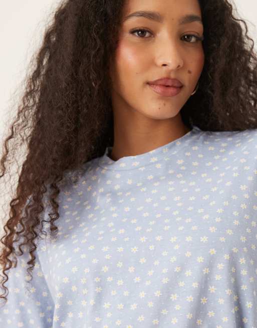 ASOS DESIGN mix & match boxy pajama tee in blue daisy print, 2 of 4