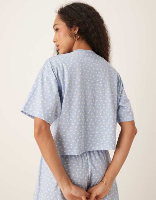 ASOS DESIGN mix & match boxy pajama tee in blue daisy print, 3 of 4