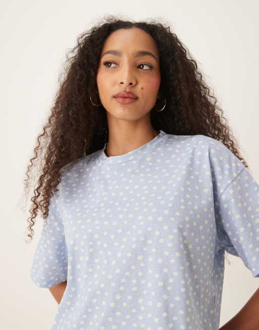 ASOS DESIGN mix & match boxy pajama tee in blue daisy print, 4 of 4