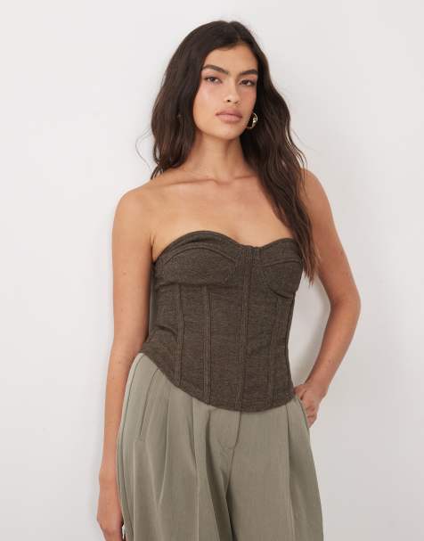 ASOS DESIGN mix & match brushed bandeau corset top in brown herringbone - view 1