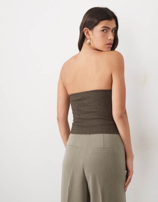 ASOS DESIGN mix & match brushed bandeau corset top in brown herringbone, 3 of 4