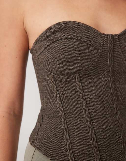 ASOS DESIGN mix & match brushed bandeau corset top in brown herringbone, 4 of 4