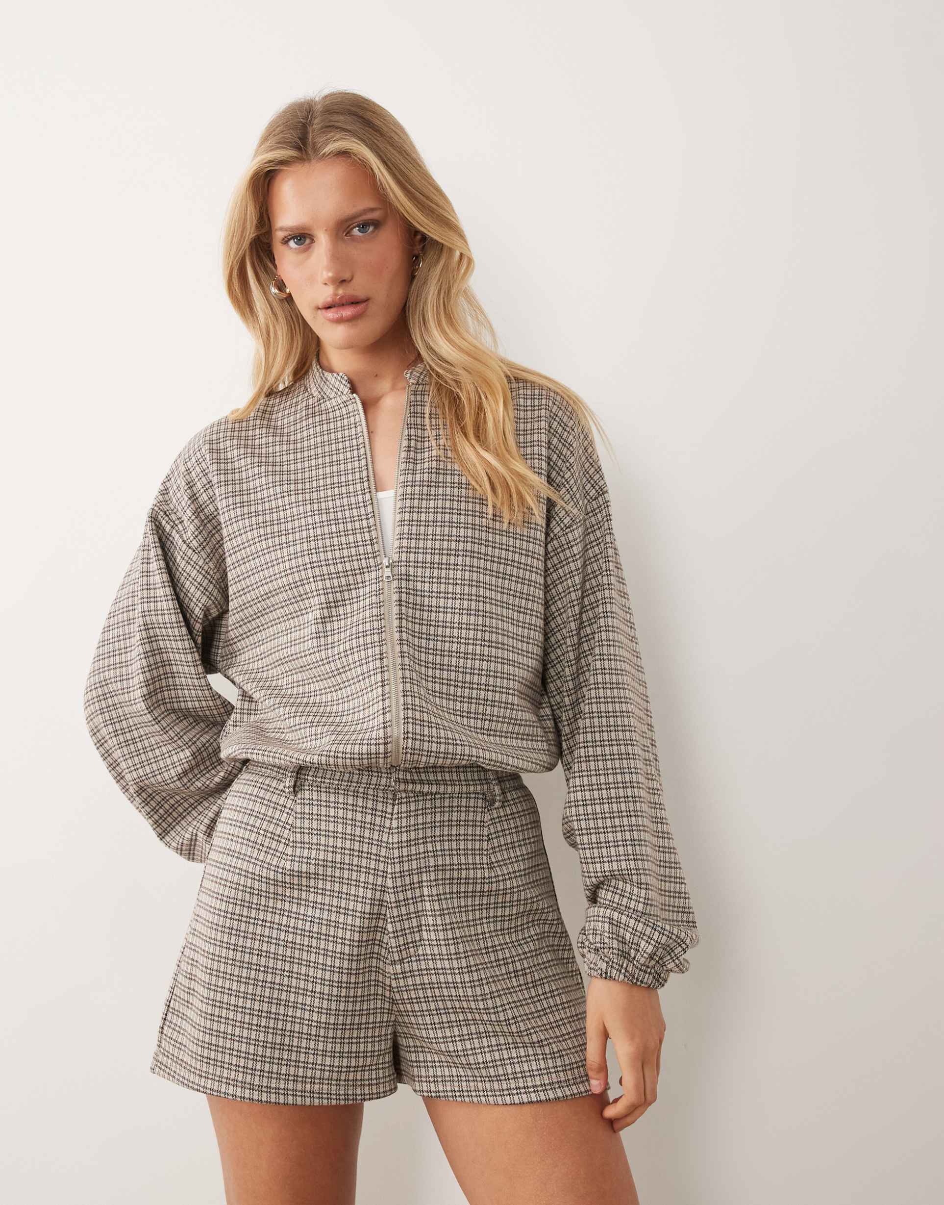 asos design mix & match brushed funnel neck jacket in brown plaid print