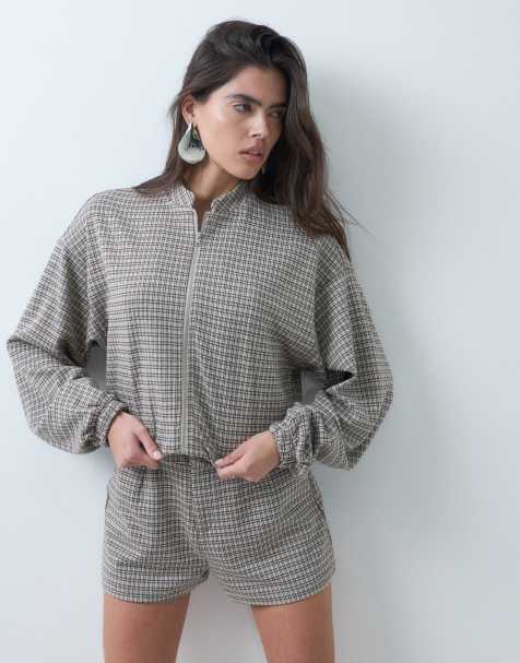 ASOS DESIGN mix & match brushed jacket in brown check print