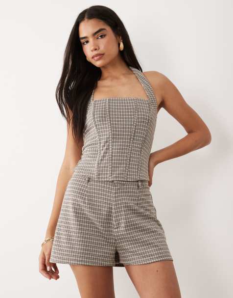 ASOS DESIGN mix & match brushed mini shorts in brown plaid print - view 1