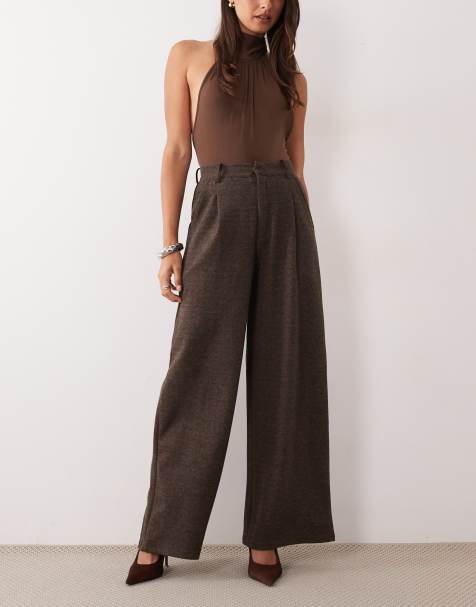 ASOS DESIGN mix & match brushed wide leg pants in brown herringbone - view 1