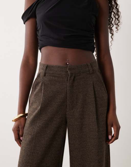 ASOS DESIGN mix & match brushed wide leg pants in brown herringbone, 3 of 5