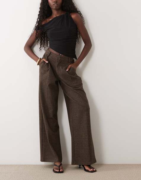 ASOS DESIGN mix & match brushed wide leg trouser in brown herringbone - view 1