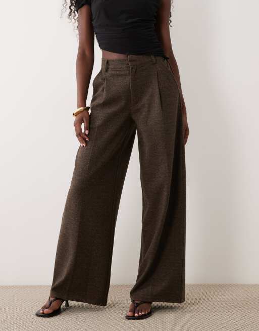 ASOS DESIGN mix & match brushed wide leg trouser in brown herringbone, 2 of 5