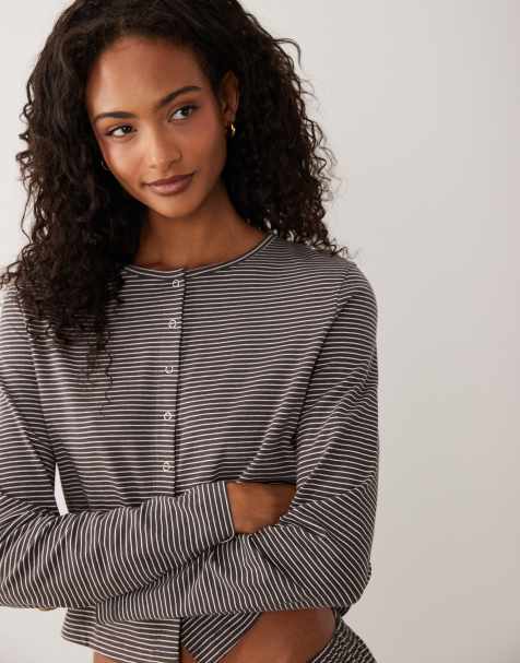 ASOS DESIGN mix & match button down pajama cardigan in brown striped print - view 1