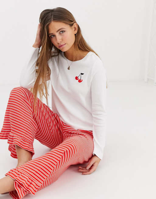 ASOS DESIGN mix match cherry embroidered pyjama long sleeve top