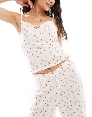 Asos Design Mix & Match Cherry Print Frill Edge Cami Tank Top Pajama-white
