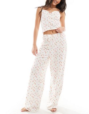 Asos Design Mix & Match Cherry Print Frill Edge Cropped Pajama Pants-white