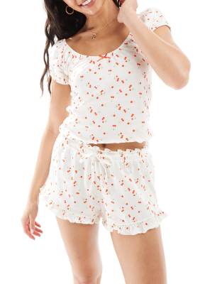 ASOS DESIGN mix & match cherry print frill edge pyjama short-White